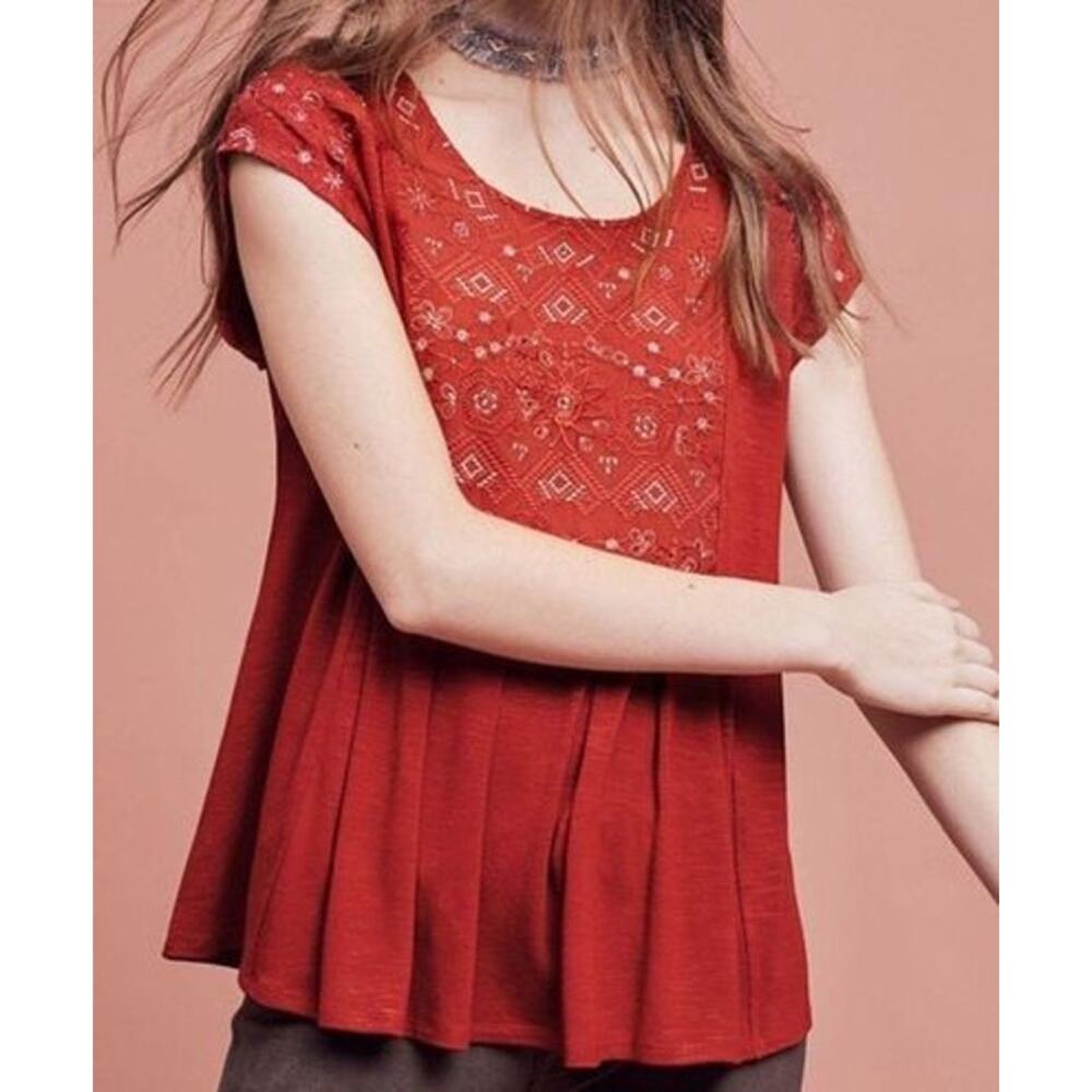 Anthropologie Akemi + Kin Burnt Orange Gold Embroidery Boxy Style Pleated Top S